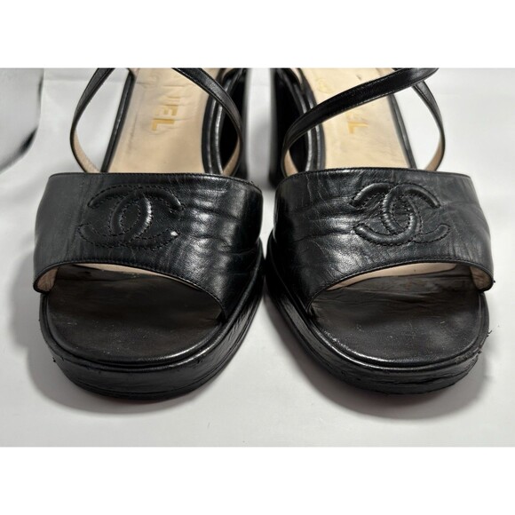 Chanel Block Heels Platform Black CC Logo Leather Sandals Vintage Sz EU 39 9 - Picture 6 of 12